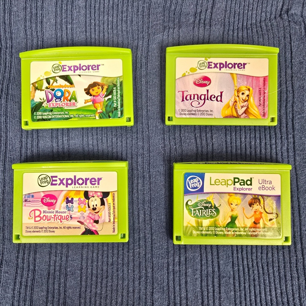 LeapFrog Explorer LeapPad Games Lot Disney Tangled Dora Minnie Fairies 4-Pack